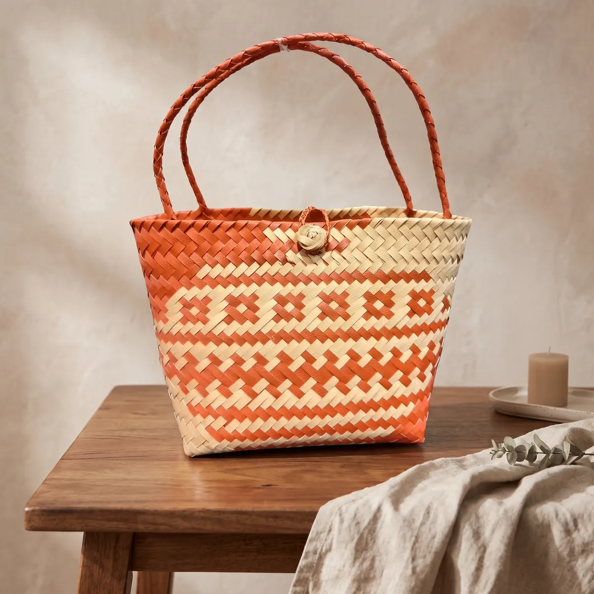 Orange & Beige Woven Bag, Size S