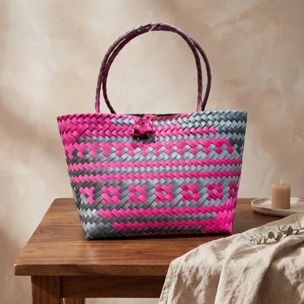 Pink & Grey Woven Bag, Size L
