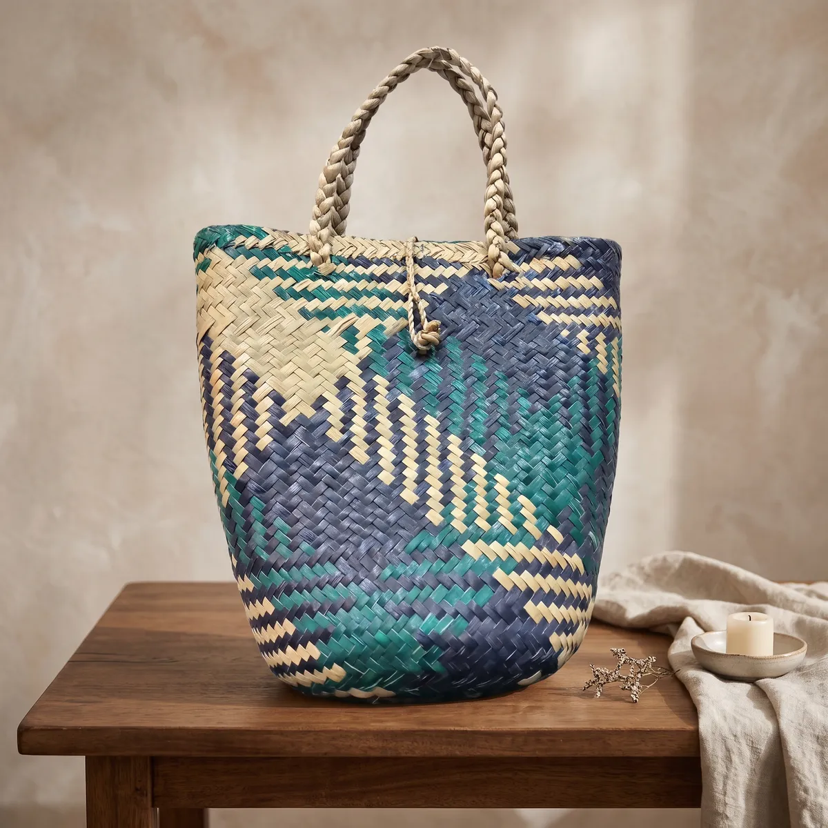 Emerald Green & Dark Blue Woven Bag, Size M