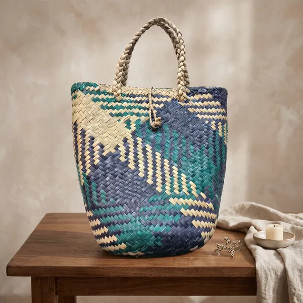 Emerald Green & Dark Blue Woven Bag, Size M